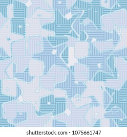 Seamless editable pattern. Squares broken by stars into multi-colored pieces and covered with a chess network. Fashionable multicolored background. Stylish camouflage.