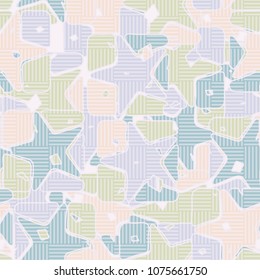 Seamless editable pattern. Squares broken by stars into multi-colored pieces and covered with a chess network. Fashionable multicolored background. Stylish camouflage.