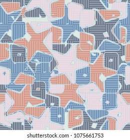 Seamless editable pattern. Squares broken by stars into multi-colored pieces and covered with a chess network. Fashionable multicolored background. Stylish camouflage.