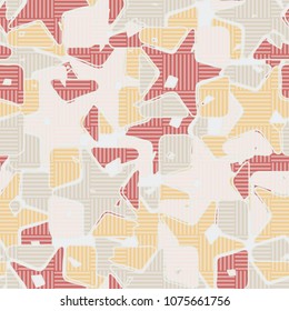 Seamless editable pattern. Squares broken by stars into multi-colored pieces and covered with a chess network. Fashionable multicolored background. Stylish camouflage.