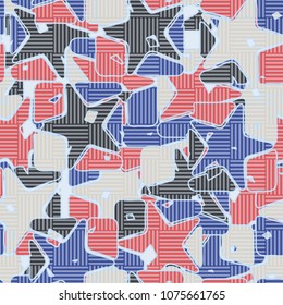 Seamless editable pattern. Squares broken by stars into multi-colored pieces and covered with a chess network. Fashionable multicolored background. Stylish camouflage.