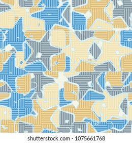Seamless editable pattern. Squares broken by stars into multi-colored pieces and covered with a chess network. Fashionable multicolored background. Stylish camouflage.