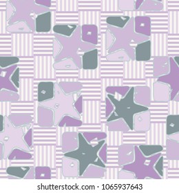 Seamless editable pattern. Stars in broken squares. Multi-colored texture. Checkered background.
