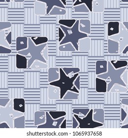 Seamless editable pattern. Stars in broken squares. Multi-colored texture. Checkered background.