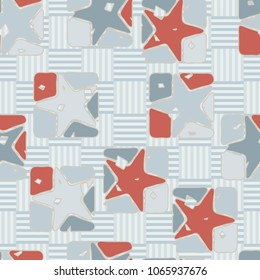 Seamless editable pattern. Stars in broken squares. Multi-colored texture. Checkered background.