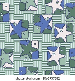 Seamless editable pattern. Stars in broken squares. Multi-colored texture. Checkered background.
