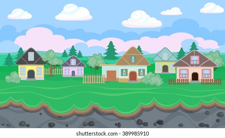 Seamless editable rural horizontal background with houses for video game