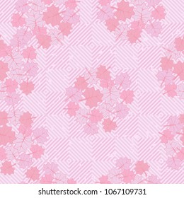 Seamless editable texture. Groups of colored leaves sketched on a diagonal-chess surface.