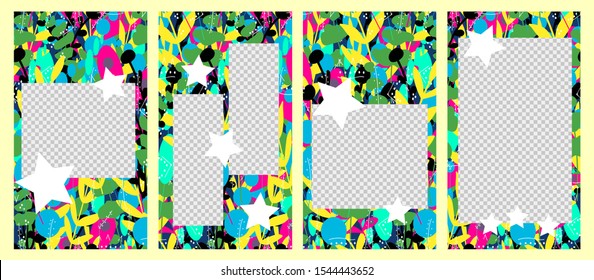 seamless editable trendy template for social media stories with plants and white stars