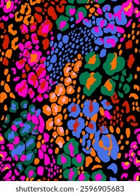 Seamless editable vector leopard print in black background. Bold exotic animal print with vibrant fuchsia, blue, orange, green. Perfect for fashion, textiles, home decor, accessories.