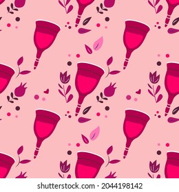 Patrón sin fin plantilla.taza menstrual reutilizable femenina para período menstrual.Higiene vaginal de dispositivo de silicona sanitaria ecológica.Contenedor higiénico orgánico.Ilustración de vector plana de color