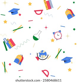 Seamless Education Pattern With Books, Graduation Caps, Backpacks, And School Supplies In Flat Vector Illustration Symbolizing Learning, Knowledge, And Academic Growth, Isolated On White