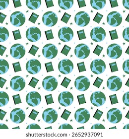 Seamless education pattern with globes, notebooks, and stars.

 Planets, school supplies, study