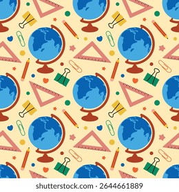 Seamless Education Pattern with Globes and School Supplies. Ideal for educational themes, school projects, or academic backgrounds.