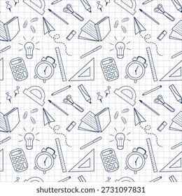 Patrón de educación sin fisuras con la escuela dibujada a mano y la Ilustración vectorial de la educación en estilo doodle. Libros, Regla, tijeras, plano de papel, calculadora, pluma. Perfecto para temas de regreso a la escuela.