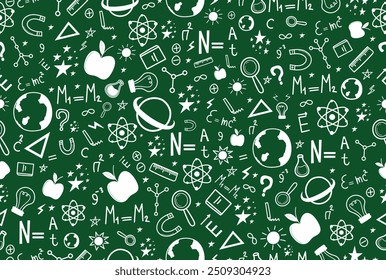 Seamless education pattern with physics elements. Higher education and studying online concept. Physics. Icons and formulas set. School test or lab. Hand drawn doodle symbols. Science background.