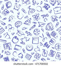 Seamless education and school pattern with hand drawn thin line icons school supplies on checkered background. Vector Illustration  