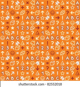 Seamless educational (back to school, college, etc.) pattern, background, wallpaper - letters, numbers, symbols and icons on orange backdrop ( for high res JPEG or TIFF see image 82552015 )
