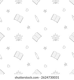 Seamless education-themed pattern with open books, pencils, light bulbs, stars, and hearts in outline style. Perfect for learning projects and backgrounds.