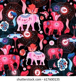 Seamless efthasis pattern with pink elephants and butterflies