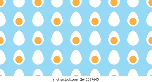 Seamless egg pattern. Hard boiled eggs on a light blue background. Breakfast print packaging for kitchen accessories, oven mitts, apron. Repeating and evenly spaced eggs with pastel tones. EPS 10.