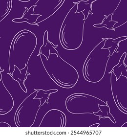 Padrão de berinjela sem emenda no estilo de arte em linha com um fundo roxo profundo. Ilustração de berinjelas ideais para design relacionado com alimentos, fundo ou decoração de cozinha.