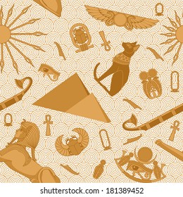 Seamless Egypt pattern with snakes, scarab, sun, ankh, Bastet, pyramids, sphinx, eye of Ra and boat.