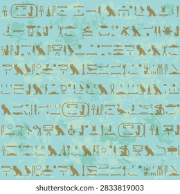 Seamless Egyptian hieroglyphs pattern in turquoise and ochre gold, with ancient symbols, figures and textured layers for bold decorative designs.