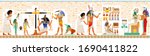Seamless Egyptian papyrus from Book of Dead. Weighing of Heart, afterlife Duat ritual. Osiris judgment scales pair vector illustration. Gods Anubis, Thoth, Isis. Ancient Egypt papyrus, hieroglyph text