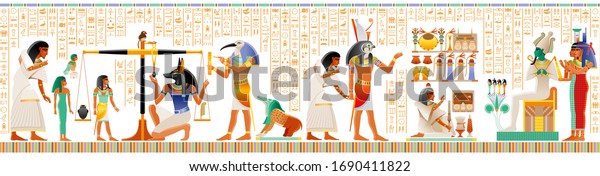 Seamless Egyptian papyrus from Book of Dead. Weighing of Heart, afterlife Duat ritual. Osiris judgment scales pair vector illustration. Gods Anubis, Thoth, Isis. Ancient Egypt papyrus, hieroglyph text
