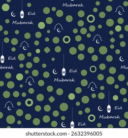 Seamless Eid Mubarak pattern on blue background with Arabic motifs, crescent moons, stars, and polka dot. ideal for Islamic wrapping paper, decor, and packaging.