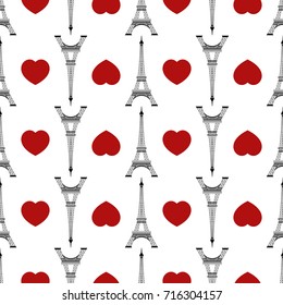 Seamless of Eiffel tower and hearts on white background. Vector illustration