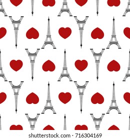 Seamless of Eiffel tower and hearts on white background. Vector illustration