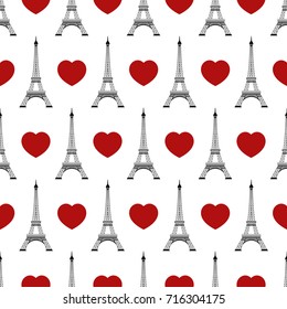 Seamless of Eiffel tower and hearts on white background. Vector illustration
