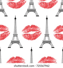 Seamless of Eiffel tower and kisses on white background. Vector illustration