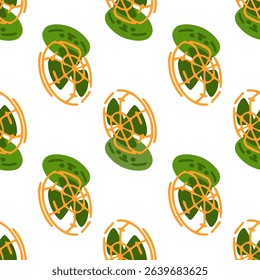 Seamless Electric Fan Pattern. Seamless pattern with cartoon electric table fans in green and orange colors. Flat illustration on white background with simple diagonal layout.