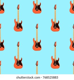 Seamless electric guitar pattern on light blue background .Music instrument. Flat design Vector Illustration EPS