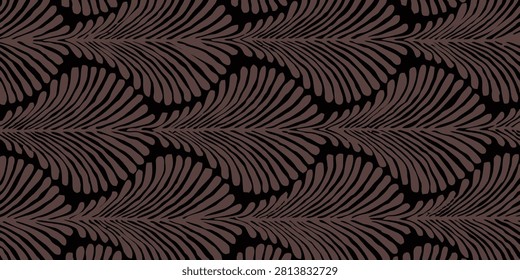 Seamless elegant abstract feather or leaf pattern in dark brown and black colors. Art deco or organic style vector background for wallpaper, textile, and wrapping paper.