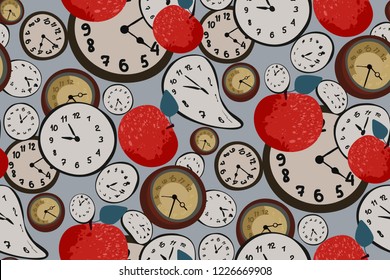 Seamless elegant abstract pattern with red apples and clock on light gray background. Hand drawn fruit and dial of the watch. Wonderland. Vector illustration in retro, vintage style. 