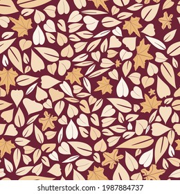 Seamless elegant autumn pattern with light gold hand drawn leaves on a burgundy red background. Pattern can be used for wrapping papers, cards, wallpapers, covers, textile prints. Vector illustration