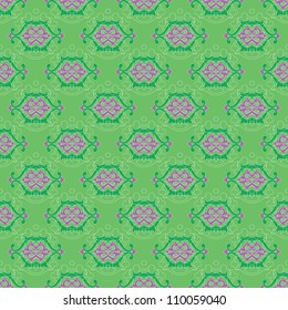 Seamless and elegant Baroque pattern with swirls on a bright green background
