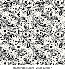 Seamless elegant black and white floral pattern with swirling vines, leaves, and berry accents for decorative backgrounds.