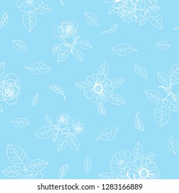 Seamless elegant blue pattern with flowers zinnia, camomile, daisy, sunflower, rose for textile, bedlinen, pillow, undergarment, wallpaper, packing paper. Vector illustration.