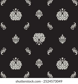 Nahtloses elegantes Damast-Muster. Wiederholter Vektordruck mit weißem Batikdesign auf schwarzem Hintergrund. Textiles Bekleidungsmuster. Handgezeichnete Abbildung.