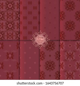 Seamless elegant damask patterns set, vector floral ornate seamless backgrounds, dark red royal colors