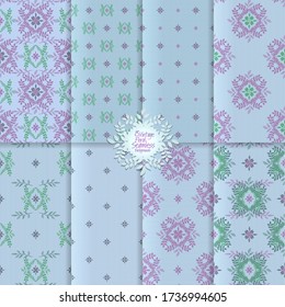 Seamless elegant damask style patterns collection, vector floral ornate seamless backgrounds gentle light blue colors