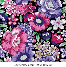Patrón floral elegante sin fisuras con flores azules, púrpuras y rosadas sobre fondo azul oscuro. Ilustración vectorial en estilo vintage.