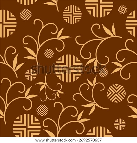 A seamless elegant floral pattern in brown and beige tones featuring geometric circle motifs combined with graceful vine and leaf designs. Perfect for fabric design, wallpaper, packaging, wrapping