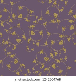 Seamless elegant floral pattern with delicate vintage vine motifs. Gold linear silhouettes on purple mauve background.