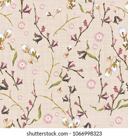 Seamless elegant floral pattern in many varieties of wildflowers. Botanical motifs are scattered randomly. Vector for fashion prints, textiles, wallpapers, tiles, paper. Print on a pink background.